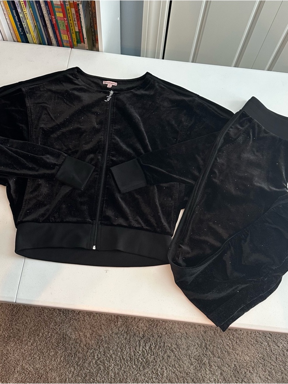 Y2K Juicy Couture Black Velour Bling Tracksuit with Signature J Pull